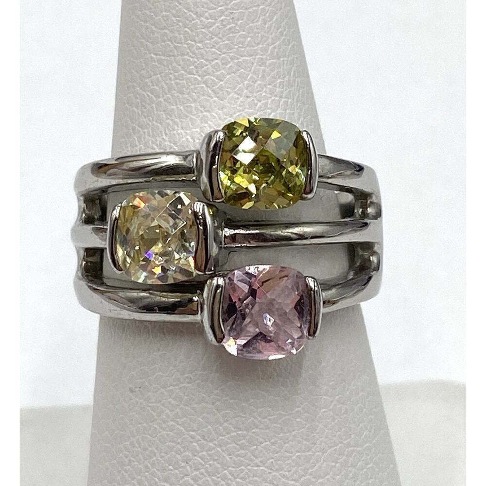 Ring 7 Silver Tone Three Multi Color Faceted Glass Crystals Modernist Abstract